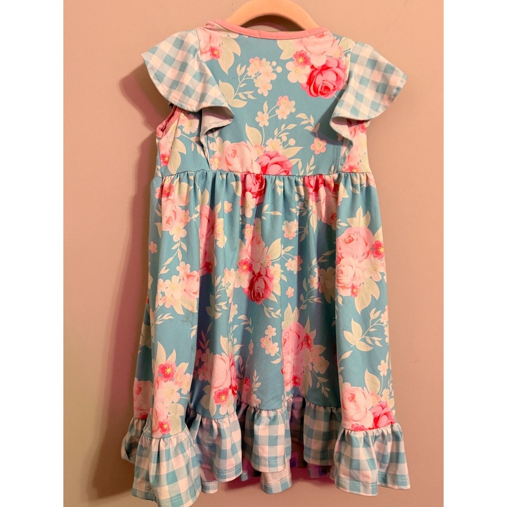 Millie Loves Lily Girls Blue Floral Rose Gingham‎ Ruffle Dress Size 4 - Picture 4 of 5